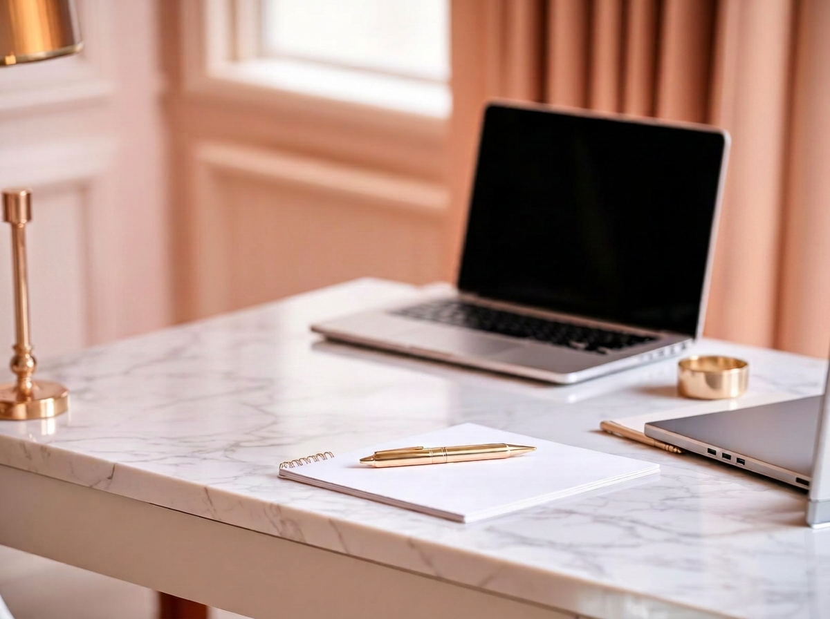 Elegant marble desk with pink roses, a gold pen, and a laptop — Fabiola Estrada's refined workspace